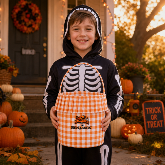Personalized Halloween Spooky Moon Bat 3D Puff Embroidered Ruffle Basket Custom Name Trick or Treat Bucket