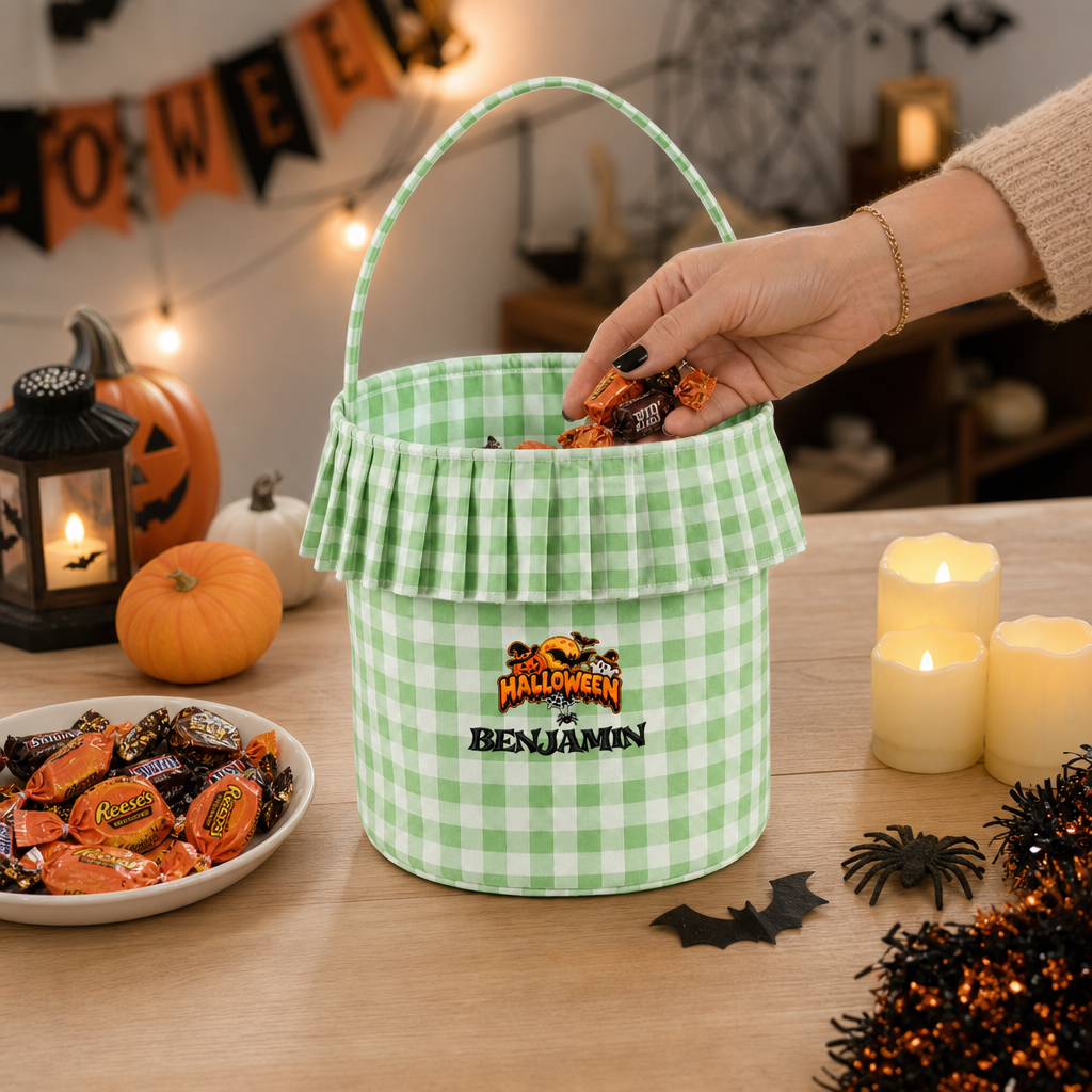 Personalized Halloween Spooky Moon Bat 3D Puff Embroidered Ruffle Basket Custom Name Trick or Treat Bucket