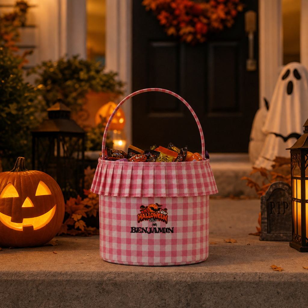 Personalized Halloween Spooky Moon Bat 3D Puff Embroidered Ruffle Basket Custom Name Trick or Treat Bucket