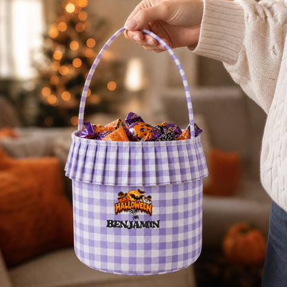 Personalized Halloween Spooky Moon Bat 3D Puff Embroidered Ruffle Basket Custom Name Trick or Treat Bucket