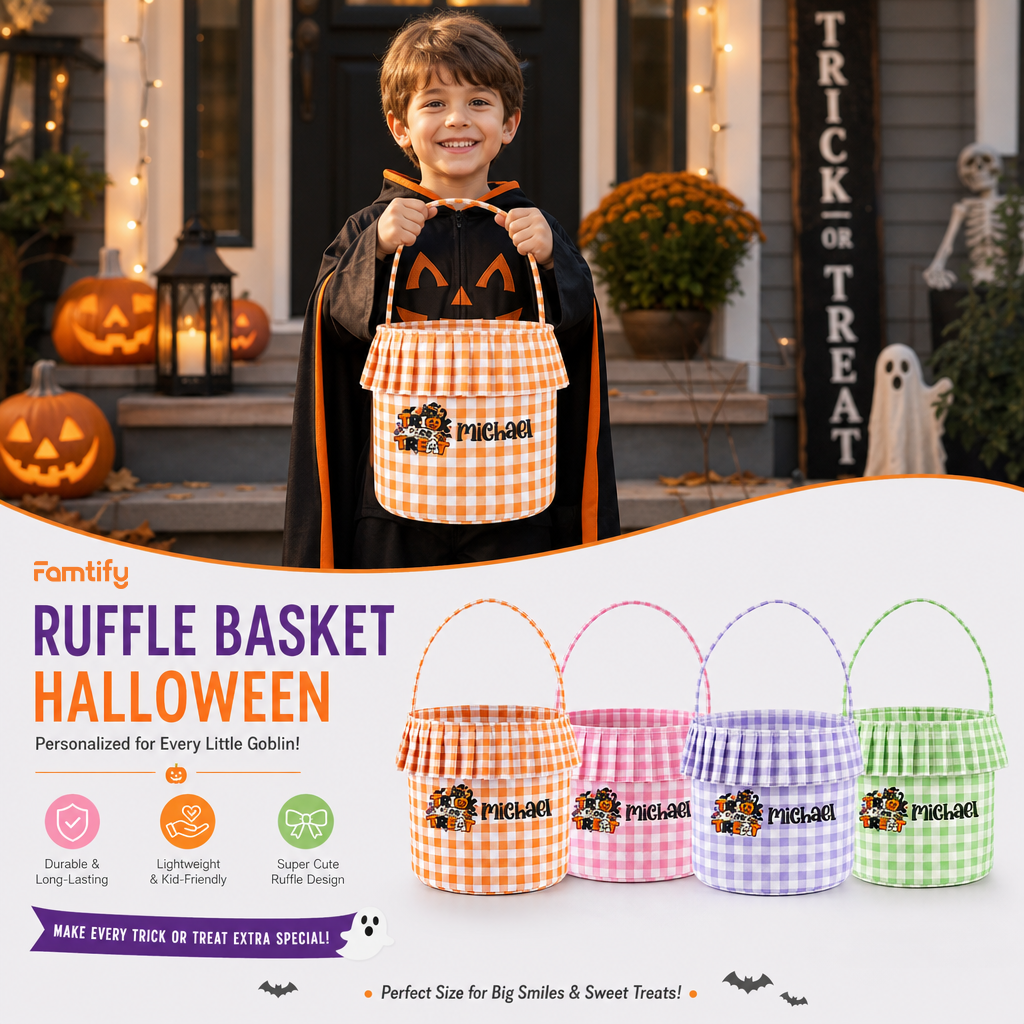 Personalized Halloween Trick Or Treat Black Cat 3D Puff Embroidered Ruffle Basket Custom Name Bucket