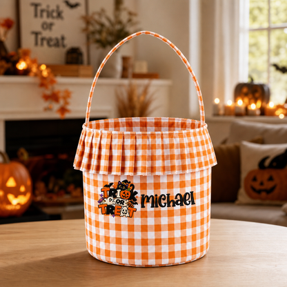 Personalized Halloween Trick Or Treat Black Cat 3D Puff Embroidered Ruffle Basket Custom Name Bucket
