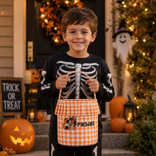 Personalized Halloween Trick Or Treat Black Cat 3D Puff Embroidered Ruffle Basket Custom Name Bucket