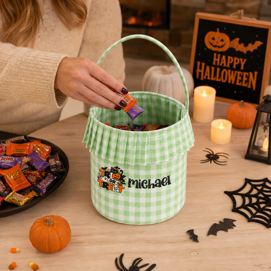 Personalized Halloween Trick Or Treat Black Cat 3D Puff Embroidered Ruffle Basket Custom Name Bucket