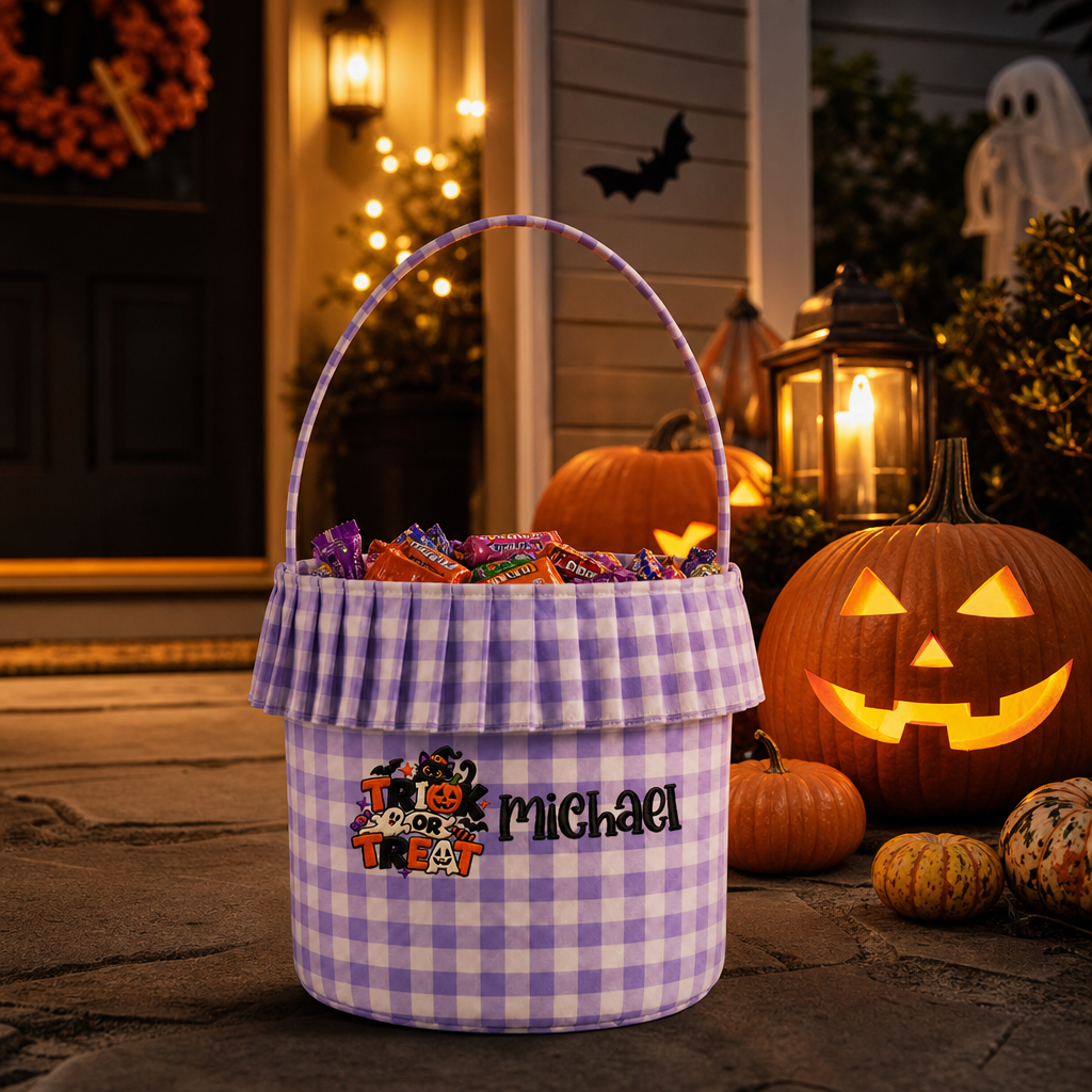 Personalized Halloween Trick Or Treat Black Cat 3D Puff Embroidered Ruffle Basket Custom Name Bucket