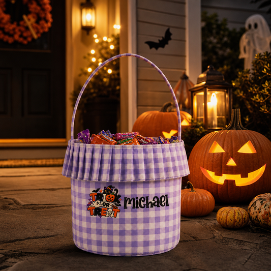 Personalized Halloween Trick Or Treat Black Cat 3D Puff Embroidered Ruffle Basket Custom Name Bucket