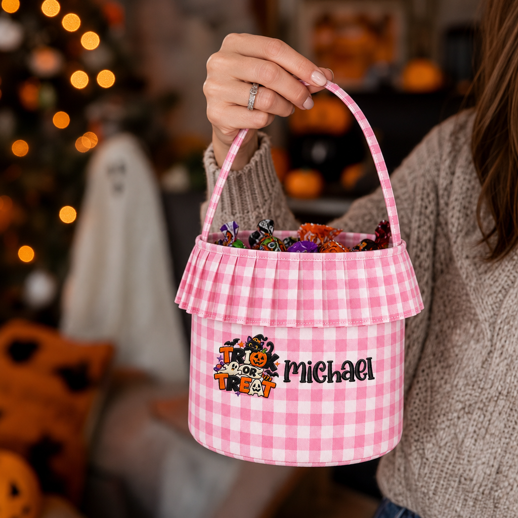 Personalized Halloween Trick Or Treat Black Cat 3D Puff Embroidered Ruffle Basket Custom Name Bucket