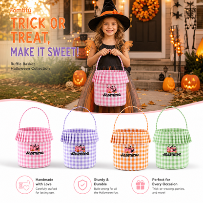 Personalized Halloween Pink Boo Black Cat 3D Puff Embroidered Ruffle Basket Custom Name Bucket