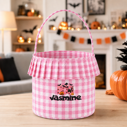 Personalized Halloween Pink Boo Black Cat 3D Puff Embroidered Ruffle Basket Custom Name Bucket