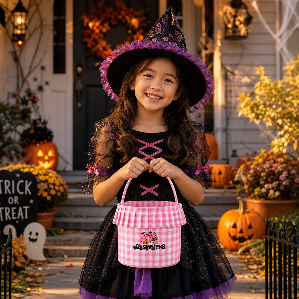 Personalized Halloween Pink Boo Black Cat 3D Puff Embroidered Ruffle Basket Custom Name Bucket