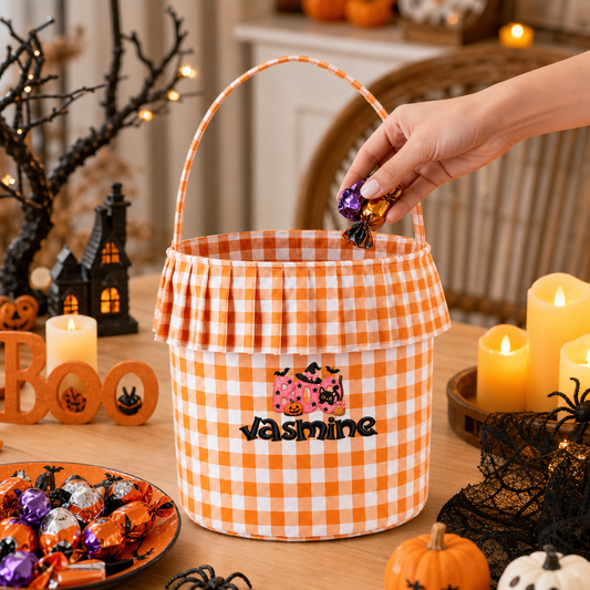 Personalized Halloween Pink Boo Black Cat 3D Puff Embroidered Ruffle Basket Custom Name Bucket