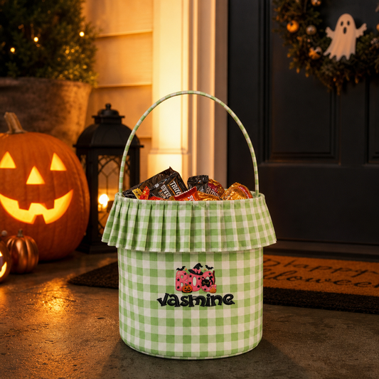 Personalized Halloween Pink Boo Black Cat 3D Puff Embroidered Ruffle Basket Custom Name Bucket