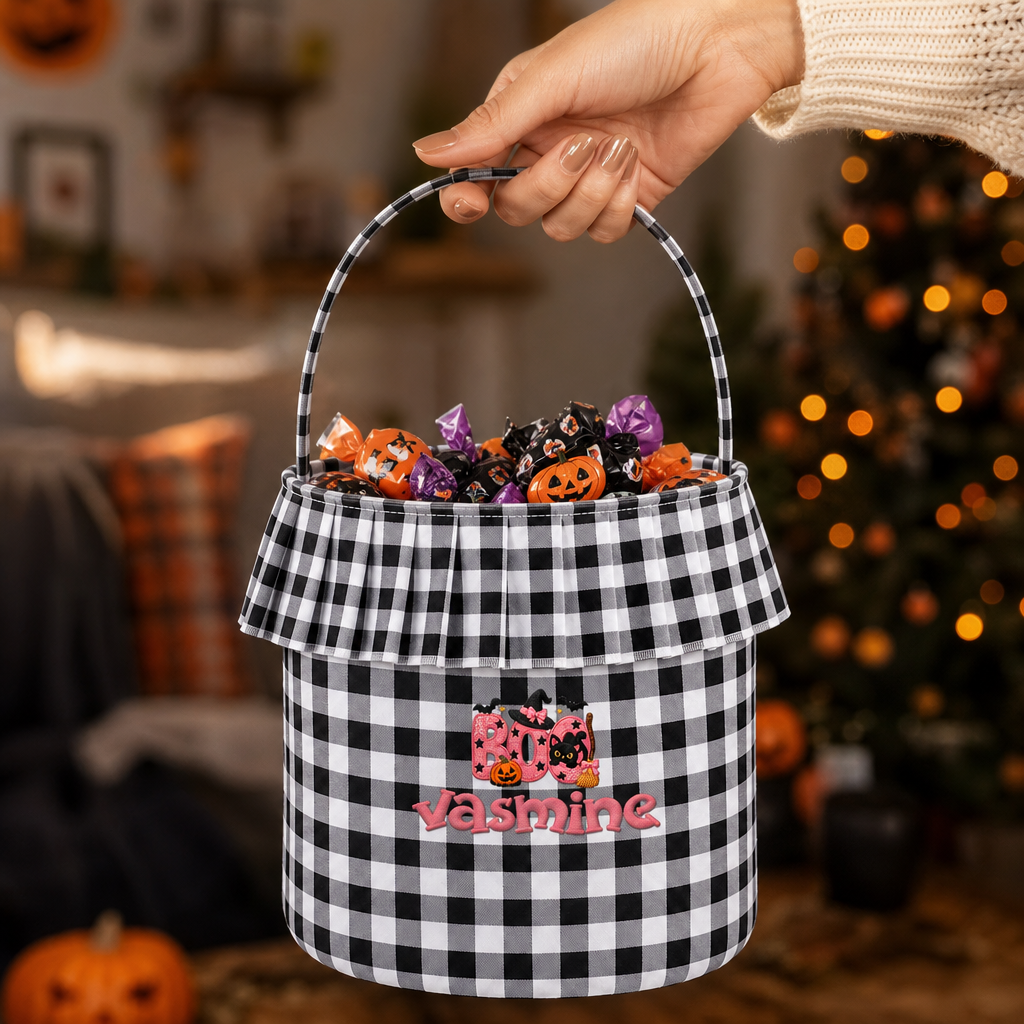 Personalized Halloween Pink Boo Black Cat 3D Puff Embroidered Ruffle Basket Custom Name Bucket