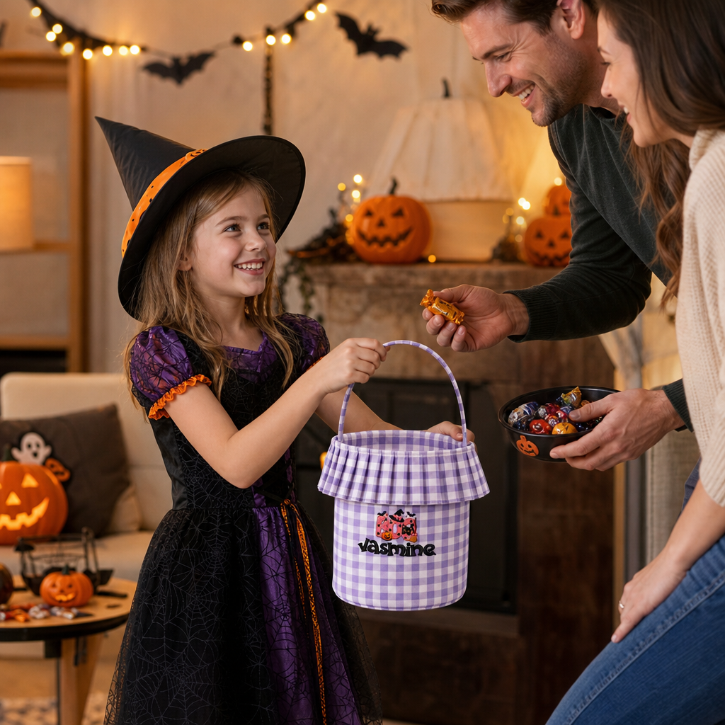 Personalized Halloween Pink Boo Black Cat 3D Puff Embroidered Ruffle Basket Custom Name Bucket