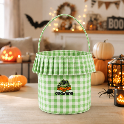 Personalized Happy Halloween Spider Web 3D Puff Embroidered Ruffle Basket Custom Name Bucket