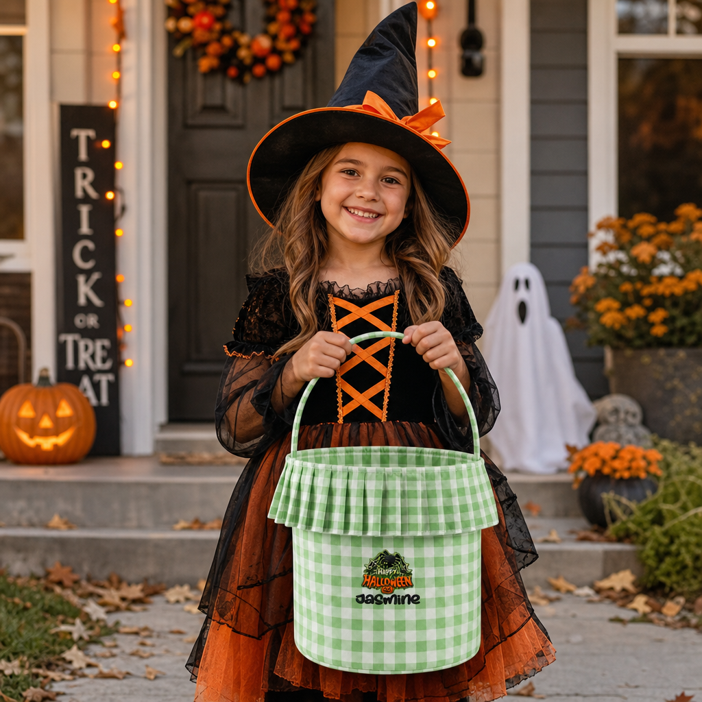 Personalized Happy Halloween Spider Web 3D Puff Embroidered Ruffle Basket Custom Name Bucket
