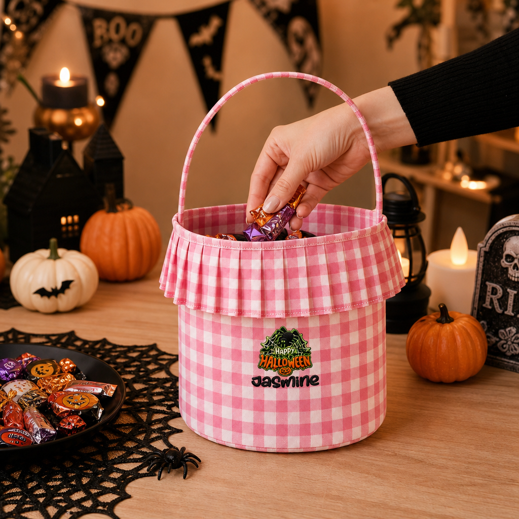 Personalized Happy Halloween Spider Web 3D Puff Embroidered Ruffle Basket Custom Name Bucket