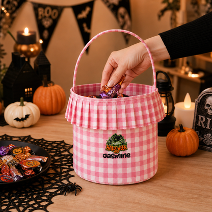 Personalized Happy Halloween Spider Web 3D Puff Embroidered Ruffle Basket Custom Name Bucket