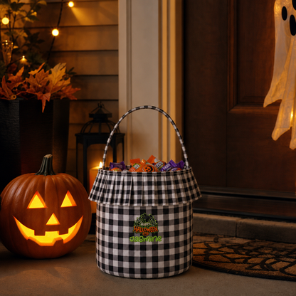 Personalized Happy Halloween Spider Web 3D Puff Embroidered Ruffle Basket Custom Name Bucket