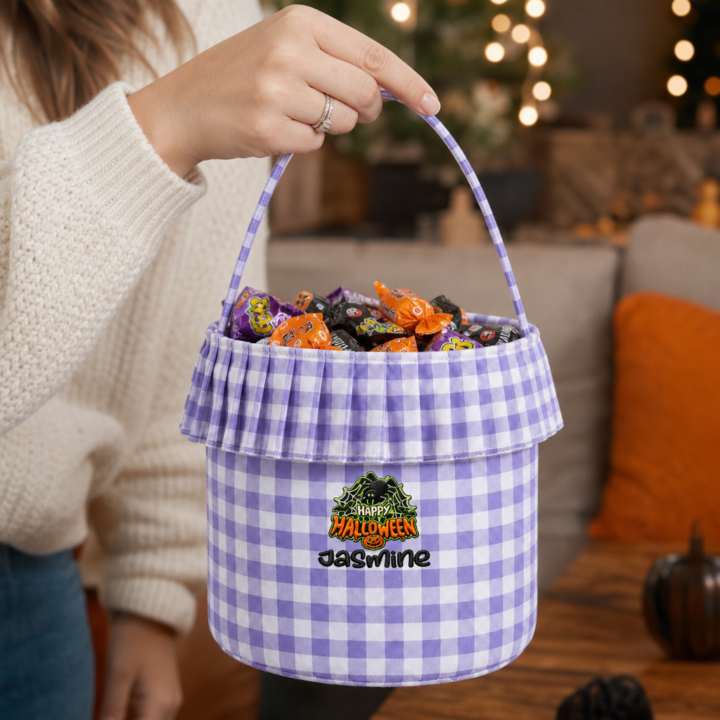 Personalized Happy Halloween Spider Web 3D Puff Embroidered Ruffle Basket Custom Name Bucket