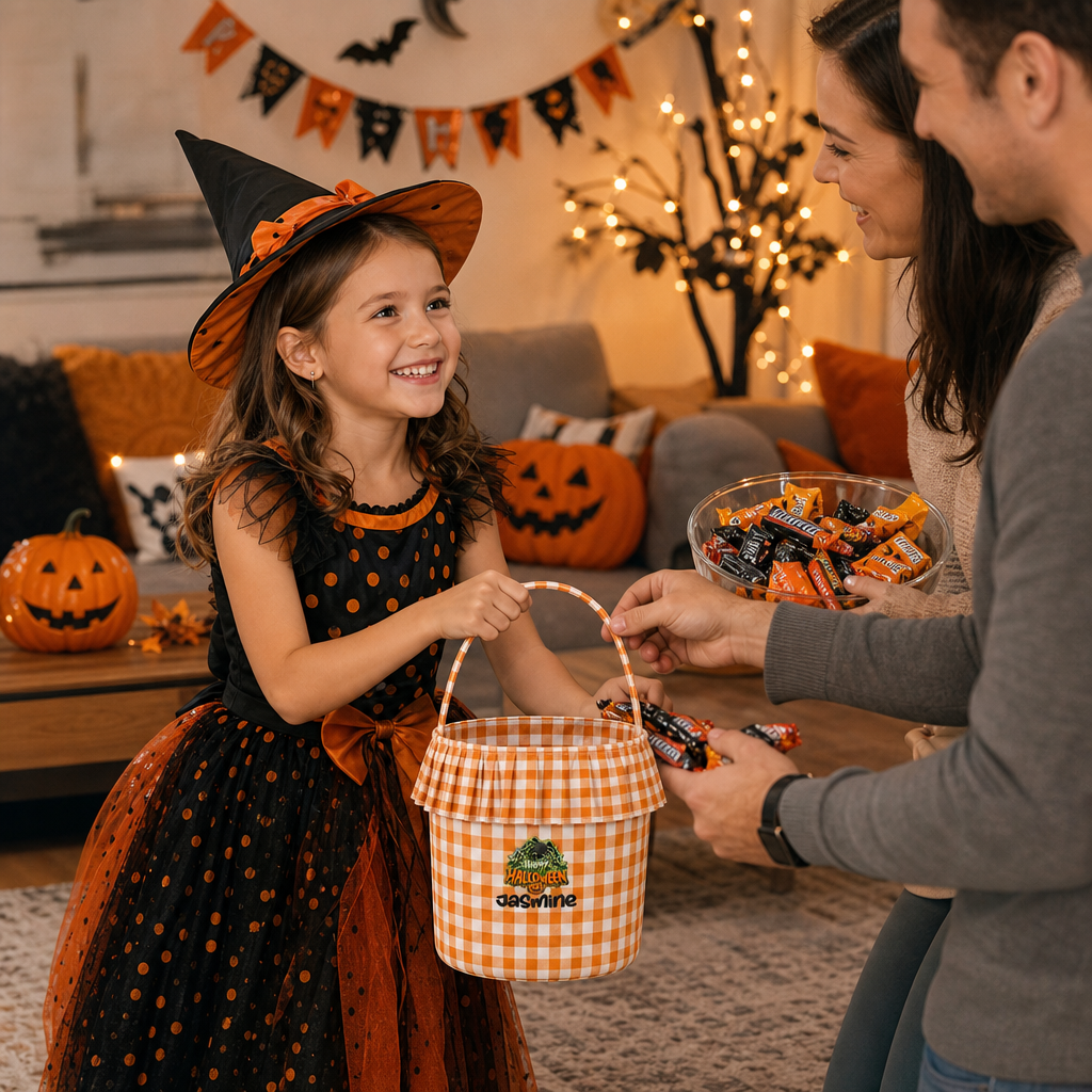 Personalized Happy Halloween Spider Web 3D Puff Embroidered Ruffle Basket Custom Name Bucket