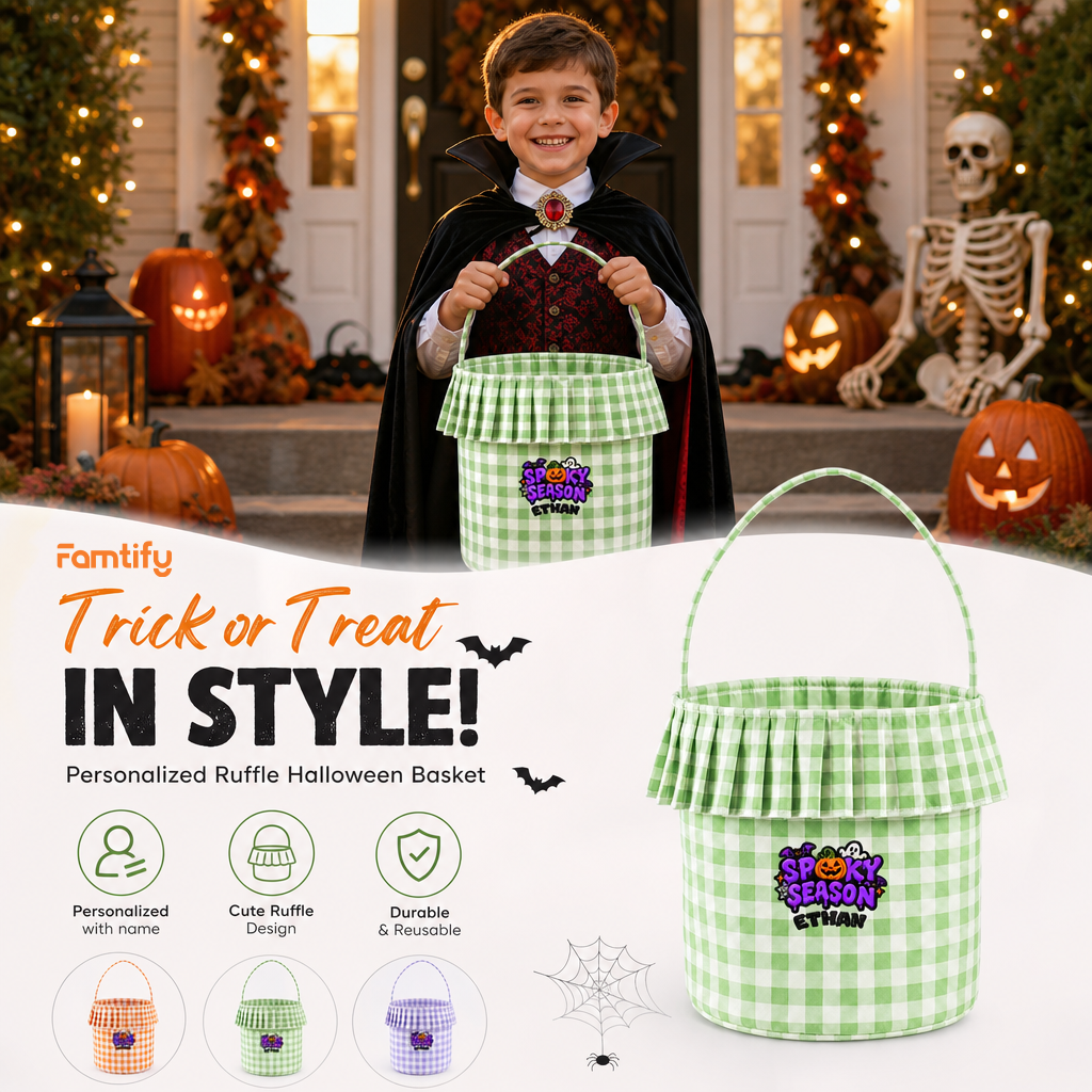 Personalized Halloween Spooky Season Pumpkin Bat 3D Puff Embroidered Ruffle Basket Custom Name Bucket