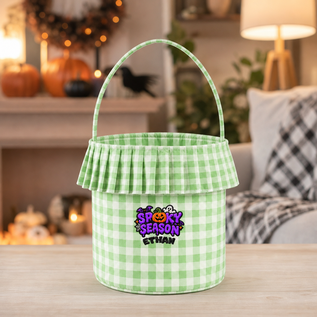 Personalized Halloween Spooky Season Pumpkin Bat 3D Puff Embroidered Ruffle Basket Custom Name Bucket