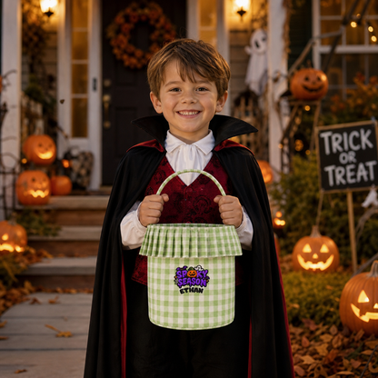 Personalized Halloween Spooky Season Pumpkin Bat 3D Puff Embroidered Ruffle Basket Custom Name Bucket