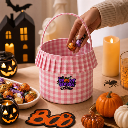 Personalized Halloween Spooky Season Pumpkin Bat 3D Puff Embroidered Ruffle Basket Custom Name Bucket