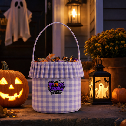 Personalized Halloween Spooky Season Pumpkin Bat 3D Puff Embroidered Ruffle Basket Custom Name Bucket
