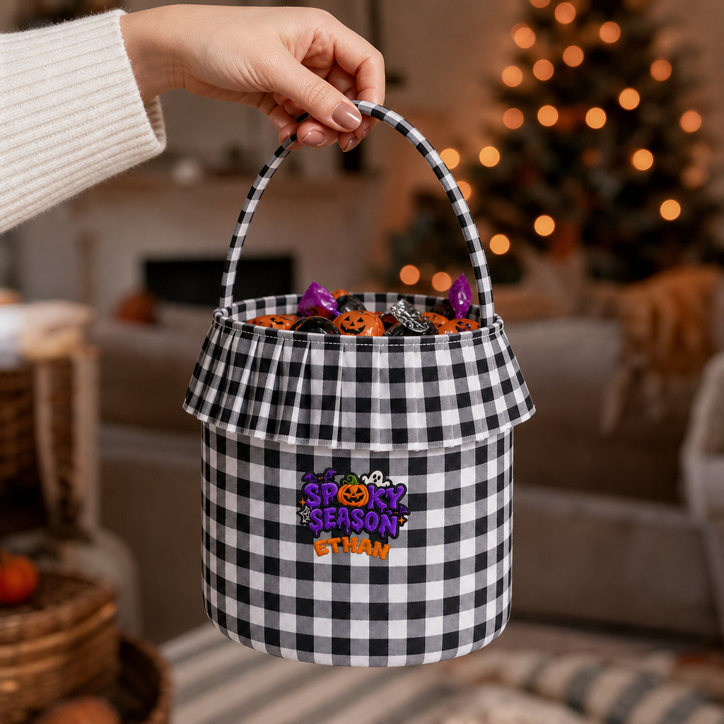 Personalized Halloween Spooky Season Pumpkin Bat 3D Puff Embroidered Ruffle Basket Custom Name Bucket