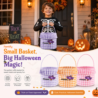 Small Basket Big Halloween Magic banner with a skeleton boy and the bat basket in purple, orange and pink gingham