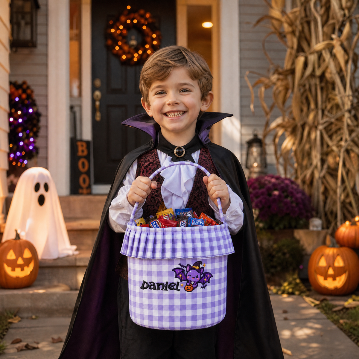Smiling boy in a vampire costume holding a purple gingham bat witch hat basket full of candy on a porch
