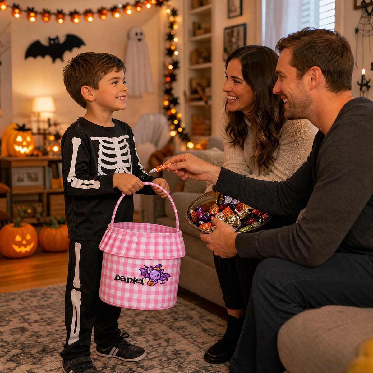Boy in a skeleton outfit holding a pink gingham bat basket as smiling parents give him candy at home
