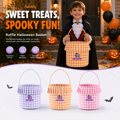 Sweet Treats Spooky Fun banner with a vampire boy and the balloon dog ruffle basket in purple, orange and pink