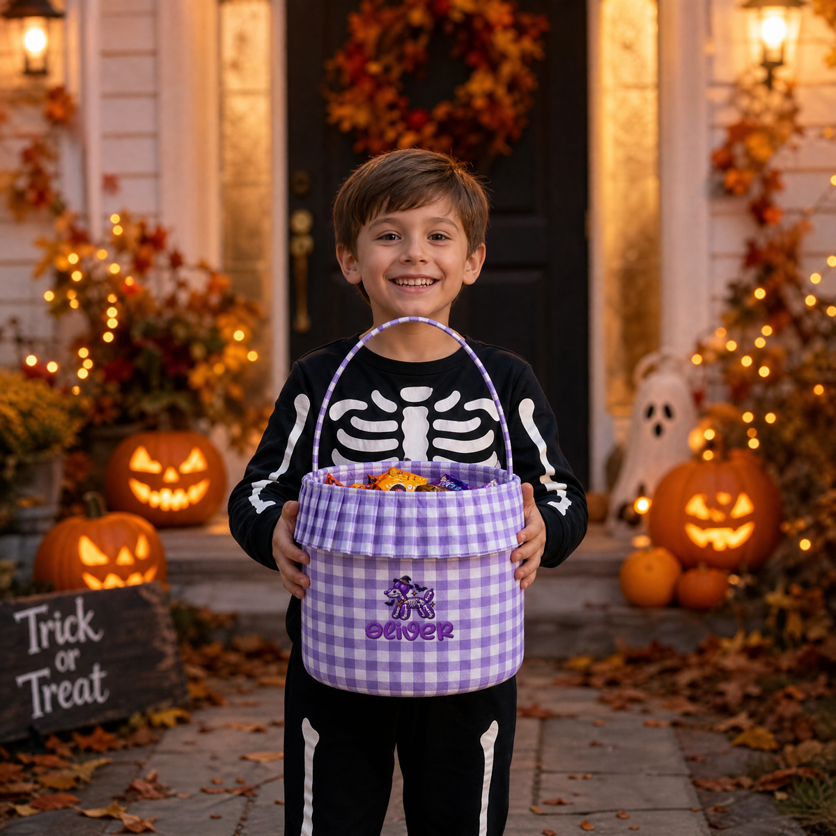 Boy in a skeleton costume holding a purple gingham balloon dog Halloween basket in front of glowing pumpkins