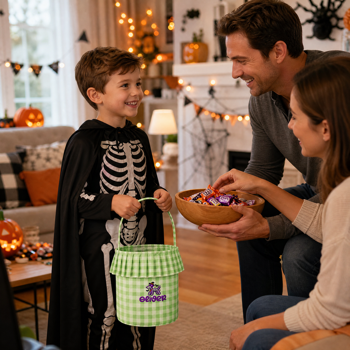 Child in a skeleton cape holding a green gingham balloon dog custom name basket while parents offer candy
