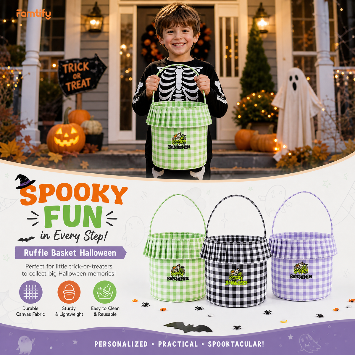 Spooky Fun in Every Step banner with a boy holding the ruffle basket and green, black and purple gingham options