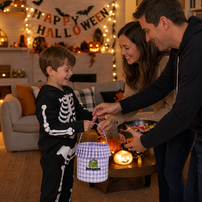 Boy in a skeleton costume getting candy from parents into a purple gingham Let's Get Spooky custom name basket