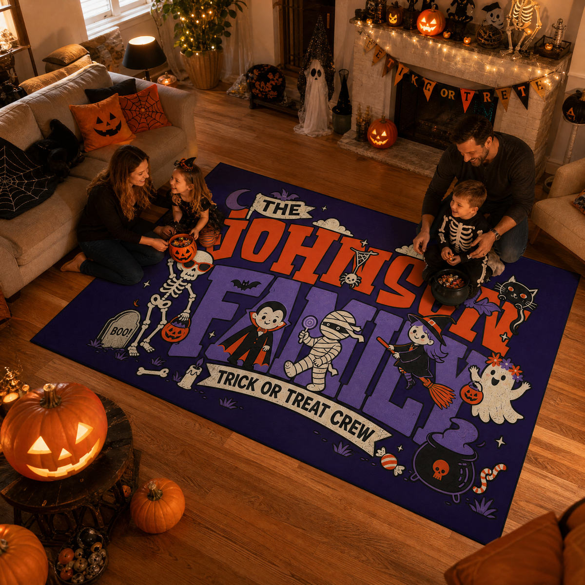 Personalized Halloween Trick Or Treat Crew Cute Monsters Rug Custom Family Name Home Decor Floor Mat