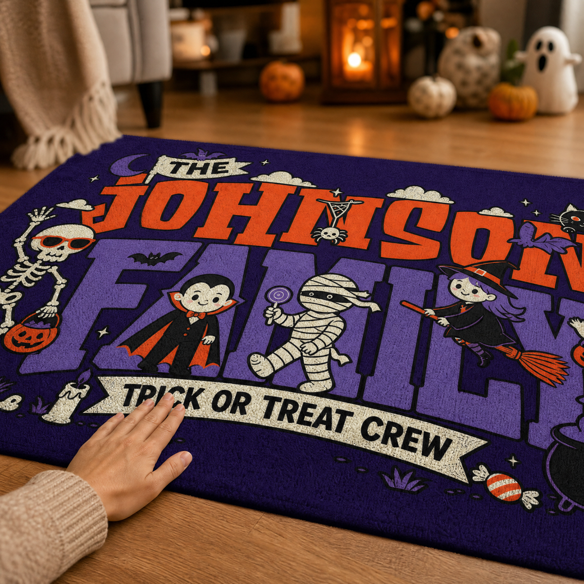Personalized Halloween Trick Or Treat Crew Cute Monsters Rug Custom Family Name Home Decor Floor Mat