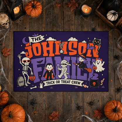 Personalized Halloween Trick Or Treat Crew Cute Monsters Rug Custom Family Name Home Decor Floor Mat