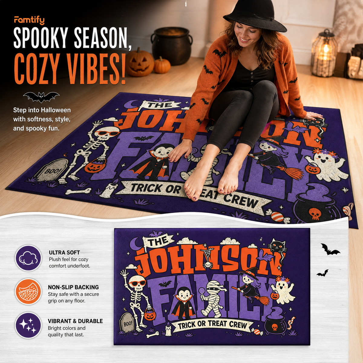 Personalized Halloween Trick Or Treat Crew Cute Monsters Rug Custom Family Name Home Decor Floor Mat