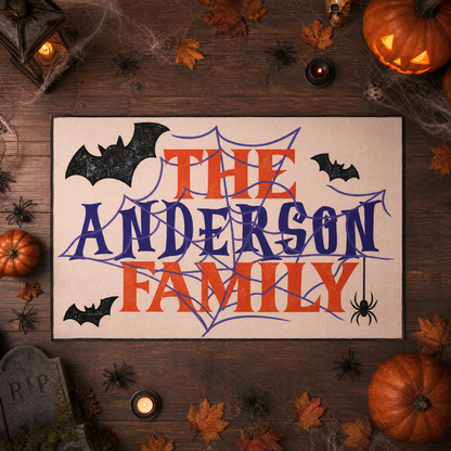 Personalized Halloween Spider Web Bat Rug Custom Family Name Home Decor Floor Mat