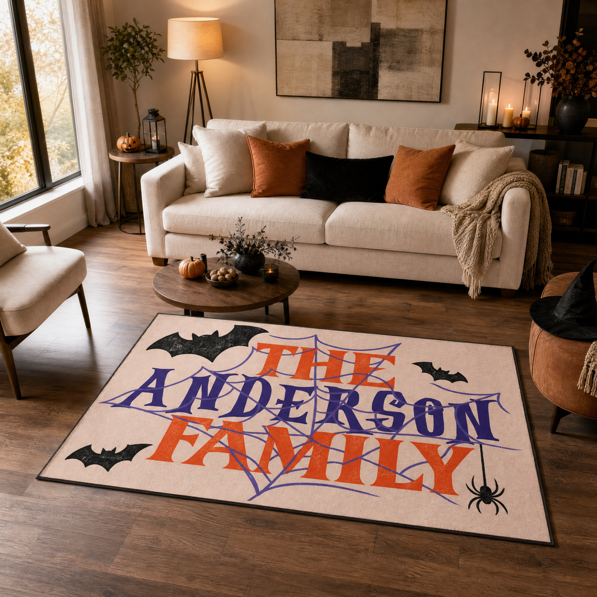 Personalized Halloween Spider Web Bat Rug Custom Family Name Home Decor Floor Mat