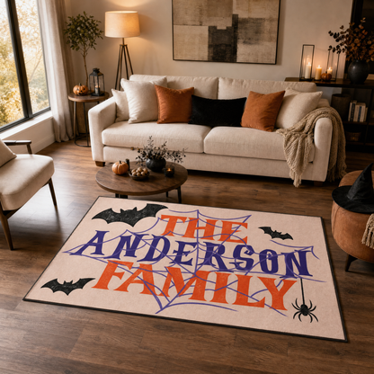 Personalized Halloween Spider Web Bat Rug Custom Family Name Home Decor Floor Mat