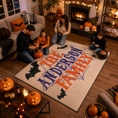 Personalized Halloween Spider Web Bat Rug Custom Family Name Home Decor Floor Mat