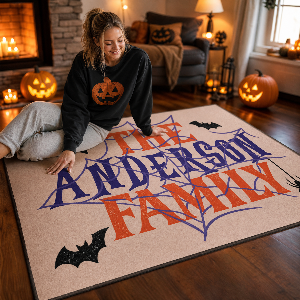 Personalized Halloween Spider Web Bat Rug Custom Family Name Home Decor Floor Mat