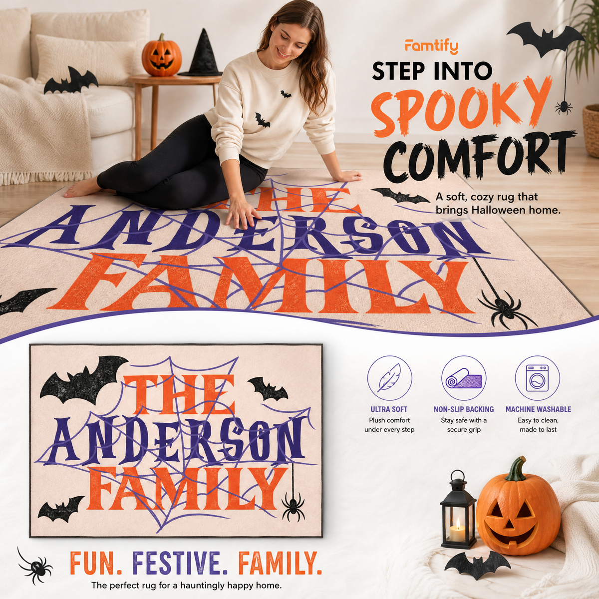 Personalized Halloween Spider Web Bat Rug Custom Family Name Home Decor Floor Mat