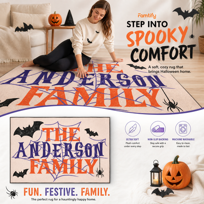 Personalized Halloween Spider Web Bat Rug Custom Family Name Home Decor Floor Mat